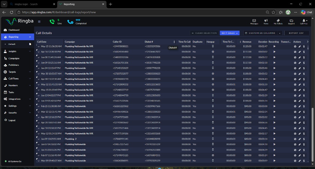 XCall Pro Real Ringba Live Call Reporting Dashboard